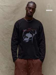 Musero Oversized Long Sleeve Dropped Shoulder Graphic T Shirt Fall/Autumn Winter Winter Clothes - Black - View 1