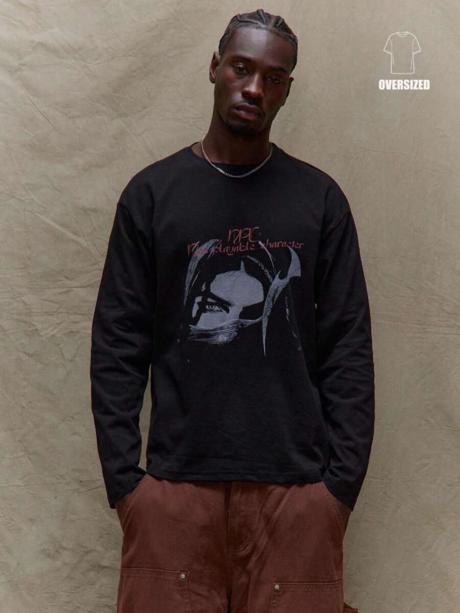 Musero Oversized Long Sleeve Dropped Shoulder Graphic T Shirt Fall/Autumn Winter Winter Clothes - Black - View 1