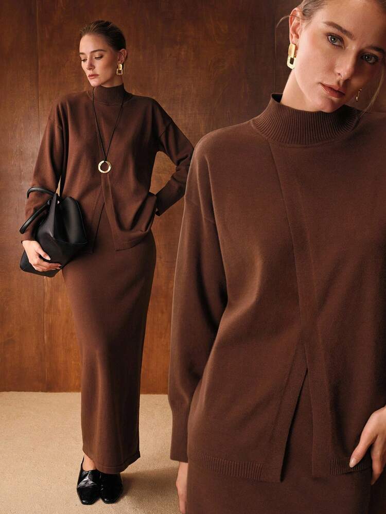 SPLIT WRAP HEM HIGH NECK SWEATER