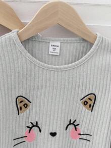 SHEIN 5pcs Young Girls Cute Ribbed Cat Embroidery + Leopard Print Round Neck Long Sleeve T-Shirts