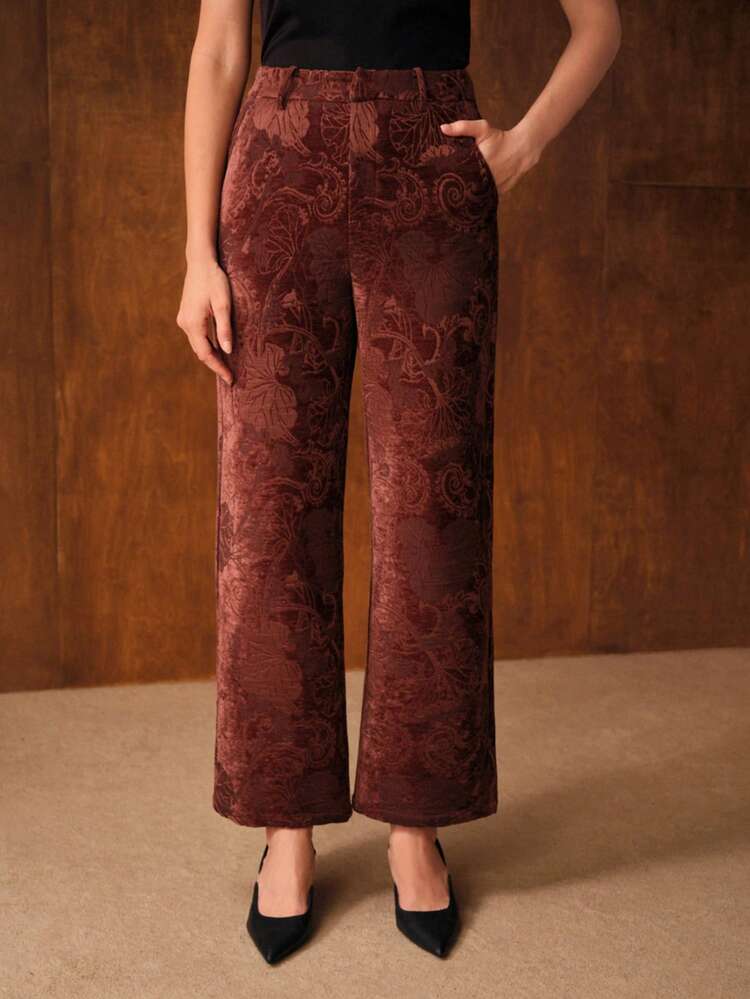 WOMEN'S ELEGANT FLORAL JACQUARD STRAIGHT LEG PANTS