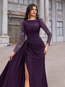 Aureia 优雅奢华亮片刺绣拼接弹力针织面料圆领褶皱薄纱长袖修身鱼尾高开衩连衣裙，适合单身派对、约会、舞会、生日、婚礼、正式场合、情人节等场合。 - 紫色 - 查看 4