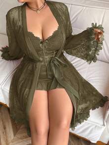 SHEIN 1 Set Plus Size Lace Robe With 3D Floral Decor + Plus Size Lace Camisole Slip Dress With Waist Cinching Design - Army Green - View 3