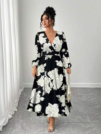 Elenzga Plus Size Women Floral Print Elegant Crossover Neck Ruched Puff Sleeve Long Dress