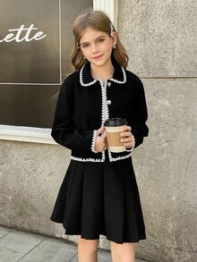 少女短款开衫，粗针织贝壳波浪边饰，蘑菇扣翻领外套，适合秋冬季休闲、派对、度假等场合。 - 黑色 - 查看 7