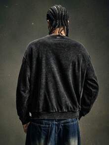 AXEPEAK 男士标准休闲圆领套头卫衣，黑色酸洗，秋冬季，长袖上衣 - 黑色 - 查看 7