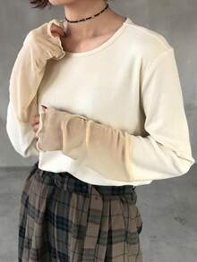 FRIFUL 女士圆领插肩拼接撞色薄纱长袖宽松休闲套头卫衣，适合秋季穿着 - 米色 - 查看 4