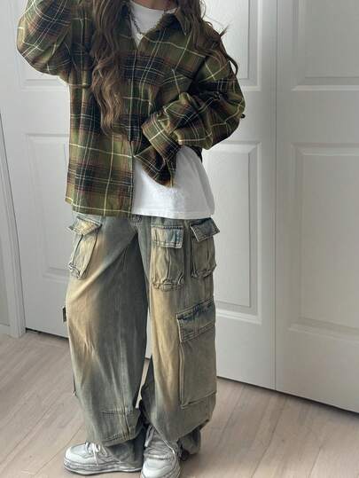 FRIFUL Women's Casual Plaid Dropped Shoulder Loose Blouse, Autumn Long Sleeve Women