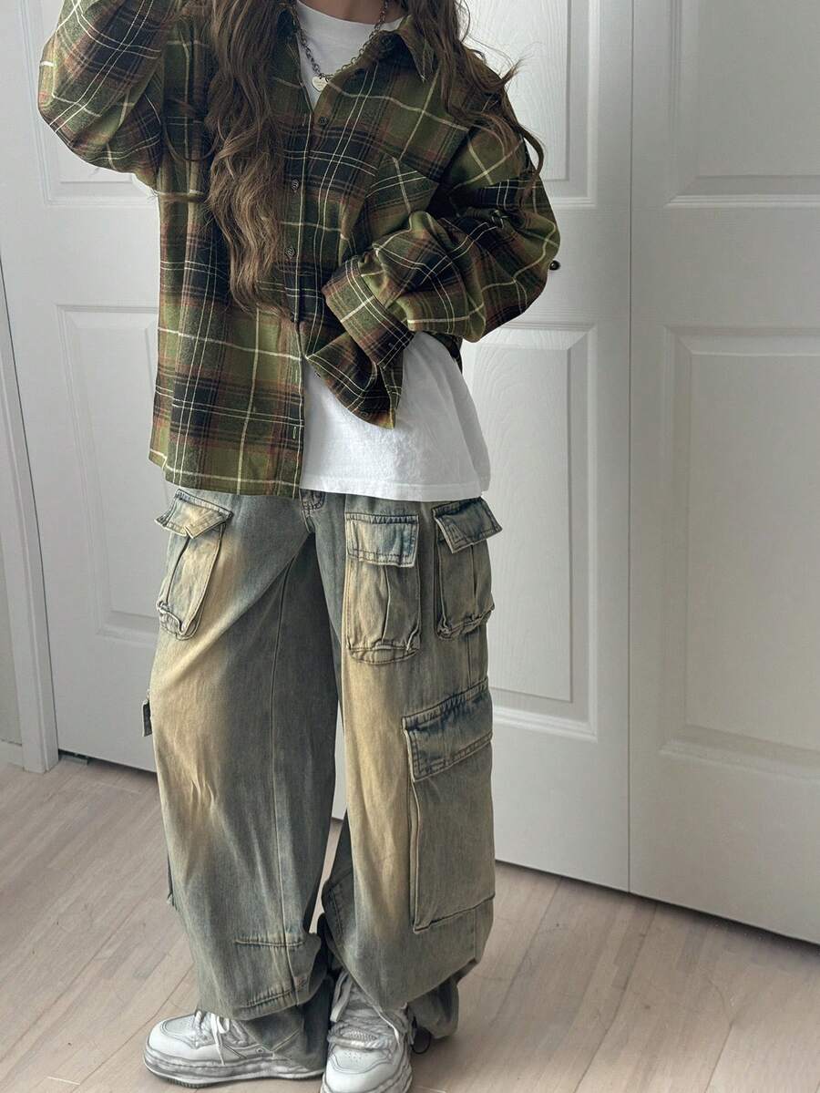 FRIFUL 女士休闲格子落肩宽松衬衫，秋季长袖女式 - 綠色 - 查看 1