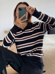 DAZY 女士休闲通勤V领套头毛衣，撞色条纹图案，秋冬季 - 彩色 - 查看 5