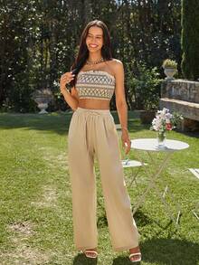 KARISMINA Set de 2 piezas Top sin tirantes casual y pantalones largos para vacaciones de mujer