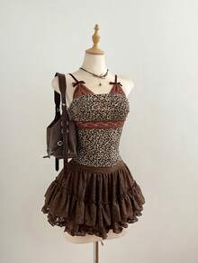 SHEIN Unity 女士豹纹蝴蝶结蕾丝拼接吊带背心 - 彩色 - 查看 3