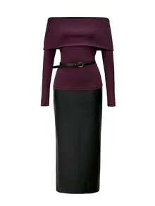 Cévolie 2pcs/Set Purple Off Shoulder Long Sleeve Top + Black Bodycon Mini Skirt