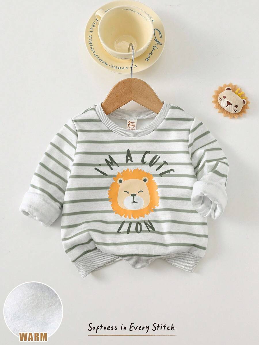 Cozy Pixies Baby Boy Cartoon Animal Print Striped Crew Neck Long Sleeve Pullover Sweatshirt Baby Boy Tops Lion Baby Clothes Infant Clothes Unisex Baby Boy Full Sleeve Tshirts Baby Cartoon Clothes In Fall/Winter Baby Boy Baby Boys Tops Baby Neutral Clothing - Mint Green - View 1