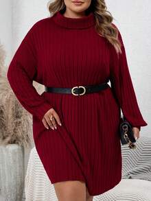 SHEIN CURVE+ 大码休闲简约高领罗纹拉绒红色毛衣裙，适合休闲装和圣诞节 - 酒紅色 - 查看 9