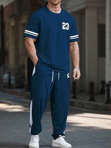 Manfinity Homme 2pcs/Set Plus Size Men Colorblock Stripe & Digit Print T-Shirt And Pants Set
