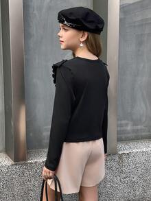 MODELY Mädchen 2-teiliges Set, bequemes geripptes Strickgewebe Rundhals Langarm T-Shirt mit Rüschenbesatz + Bubble Dekor Rock, eleganter britischer Stil Outfit für Frühling/Herbst Alltag & Ferien - Schwarz - Übersicht 2