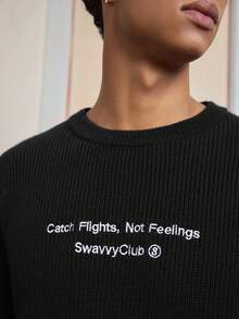 SWAVVY Men's Casual Loose Fit Crew Neck Long Sleeve Knit Sweater - Black - View 5