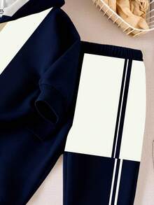 SHEIN Set de 2 sudaderas con capucha de bloques de color y estampado deportivo a rayas para bebé niño/unisex de 0 a 3 años, adecuado para otoño/invierno, de uso diario, versátil, para exteriores y actividades deportivas