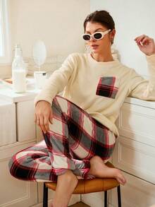 Lazeform Women's Flannel Plaid Top & Pants Fluffy Pajama Set, Cozy Winter Clothes - Apricot - View 4