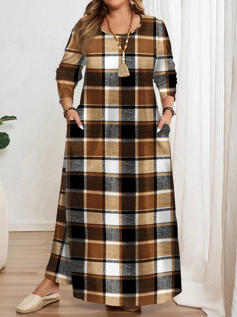 EMERY ROSE Casual Yellow & Black Plaid Textured Print Plus Size Long Sleeve Crew Neck Dress, Suitable For New Year Party,Flower/Spring/Summer/Vacation - Multicolor - View 1