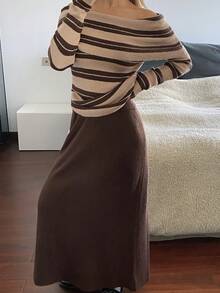 DAZY 2pcs/Set Women Off-Shoulder Striped Sweater, Autumn/Winter - Coffee Brown - View 3