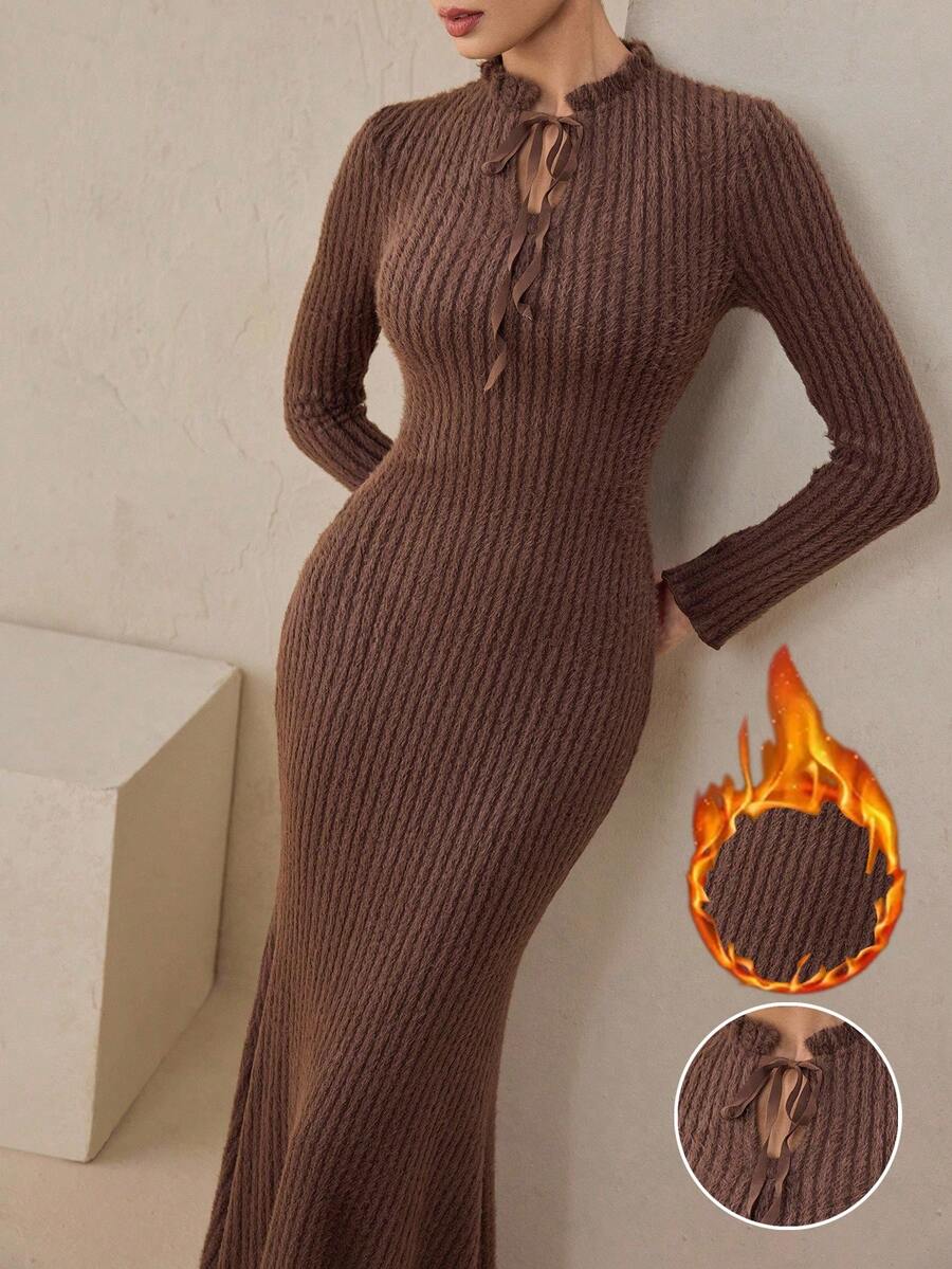 Graceveil Coffee Color Fluffy Knit High Stretch Party & Casual Long Dress For Women, Autumn/Winter - Coffee - View 1
