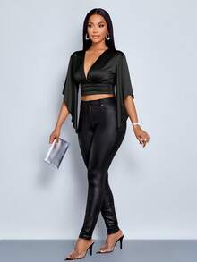 SOLERSUN 女士办公室老钱风格春夏优雅通勤商务休闲 V 领腰部聚集光泽缎面面料不对称荷叶边饰边衬衫，派对情人节约会度假秋季衬衫上衣秋冬感恩节返校教师万圣节节日性感优雅 - 黑色 - 查看 4