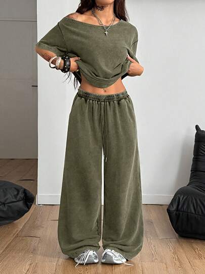 Coolane Damen Sommer Minimalistischer Streetwear Basic Alltags-Outfit Sport Bequemes Off-Shoulder T-Shirt und Weite Bein Jogginghose Zweiteiler