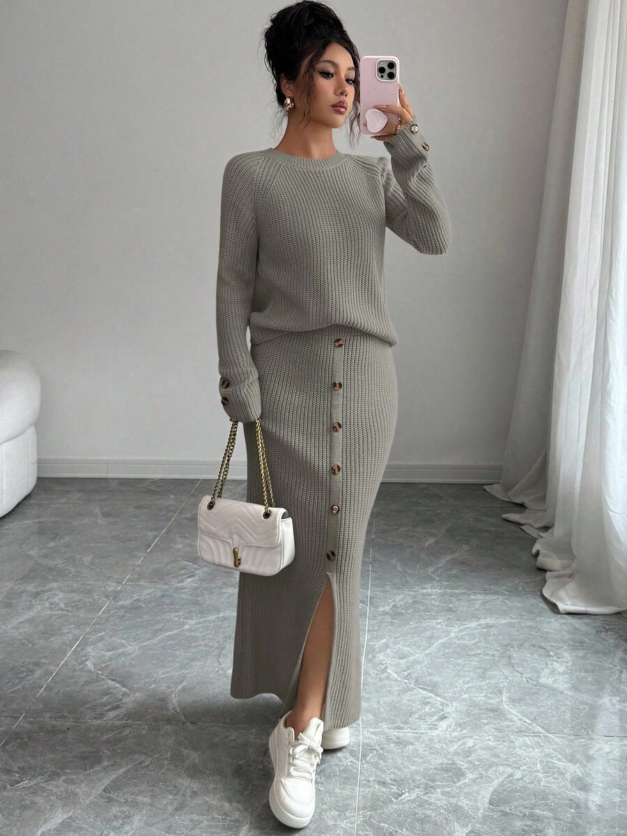 Elenzga Women's Casual Solid Color Sweater And Button-Up Knit Skirt Set, Autumn/Winter - Light Grey - View 1