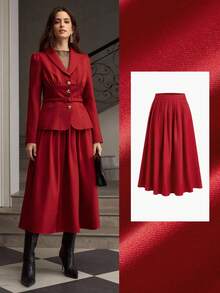 ZEYLAH 优雅纯色百褶女裙，适合通勤 - 紅色 - 查看 1