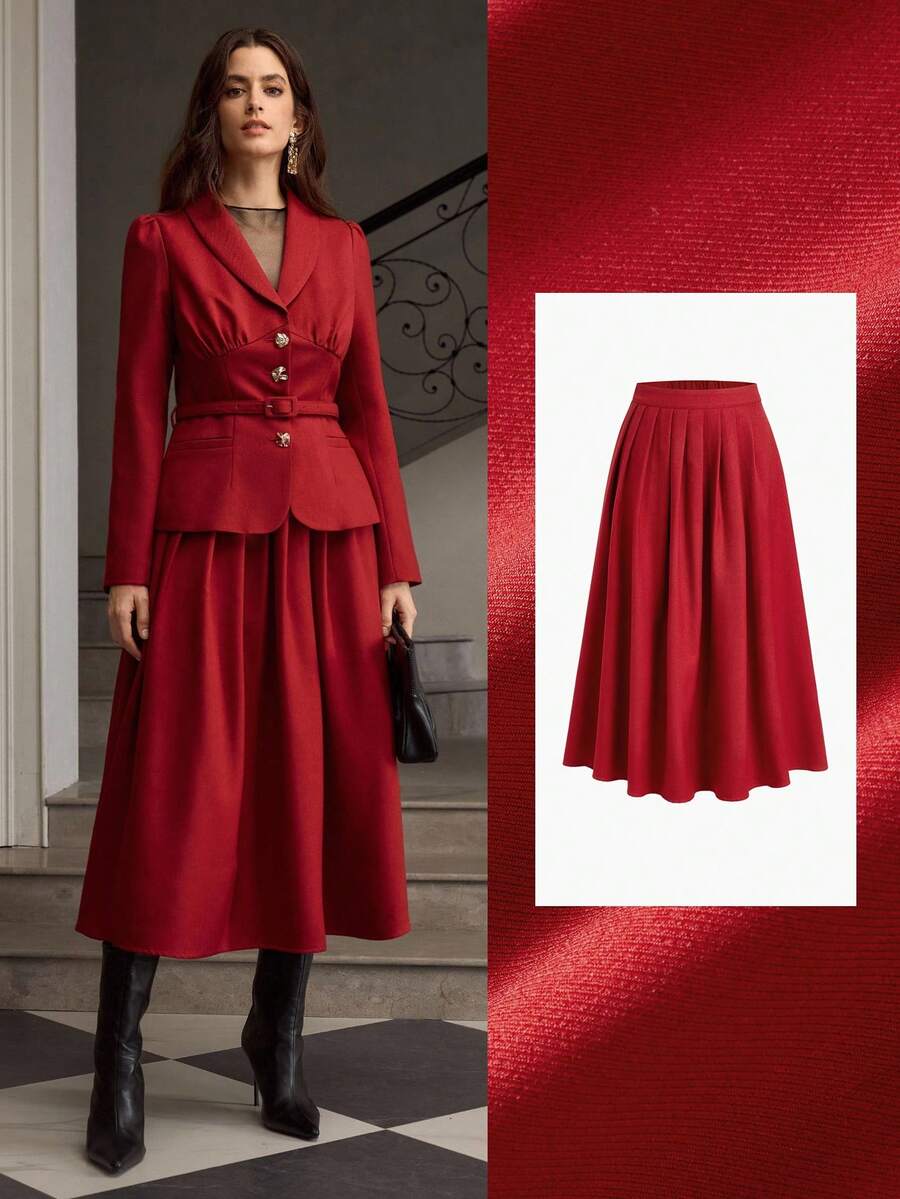 ZEYLAH 优雅纯色百褶女裙，适合通勤 - 紅色 - 查看 1