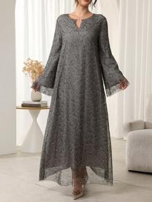 Al Najma 宽松休闲网纱土耳其长裙及阿拉伯传统长袍，秋冬款 - 灰色 - 查看 3