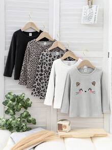 SHEIN 5pcs Young Girls Cute Ribbed Cat Embroidery + Leopard Print Round Neck Long Sleeve T-Shirts