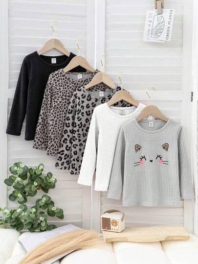 SHEIN 5 st. söta ribbade kattbroderier + leopardmönster rund hals långärmade t-shirts för flickor
