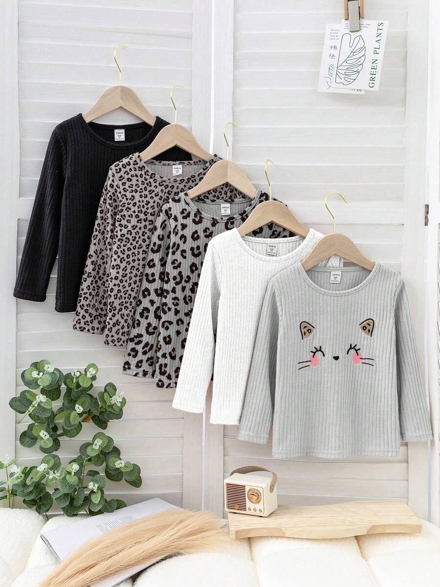 SHEIN 5pcs Young Girls Cute Ribbed Cat Embroidery + Leopard Print Round Neck Long Sleeve T-Shirts