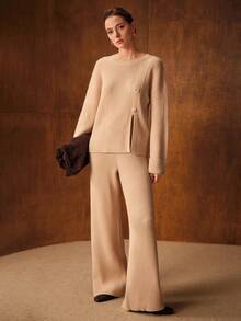MOTF PREMIUM ENSEMBLE PULL OVERSIZE À ÉPAULES TOMBANTES EN TRICOT CÔTELÉ AVEC OURLET FENDU ET PANTALON LARGE EN TRICOT - Nude - Voir 5