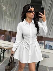 SHEIN EZwear Vestido curto feminino casual para o dia a dia, simples, liso, branco, plissado, justo, primavera/outono - Branco - Ver 4