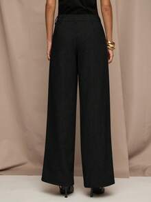 SHEIN BAE 女式休闲日常通勤简约纯色侧袋阔腿裤，不含腰带 - 黑色 - 查看 2