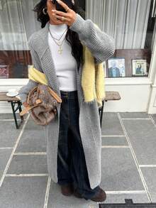 SHEIN EZwear 女士宽松长款纯色翻领开衫毛衣，秋冬款 - 灰色 - 查看 4