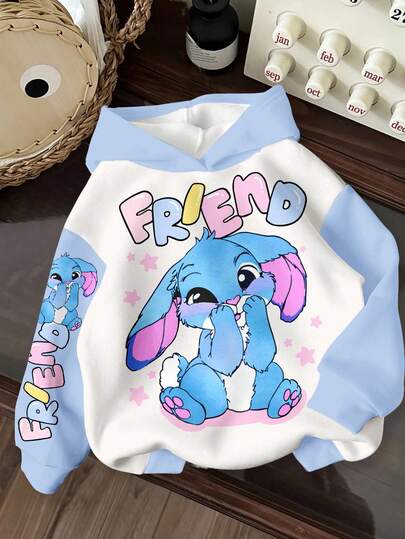 少女可爱卡通蓝兔涂鸦印花休闲宽松舒适日常长袖卫衣，适合秋冬季穿着