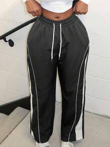 Alexandranx Women's Drawstring Waist Two-Tone Casual Sports Pants With Side Pockets - Black - View 3