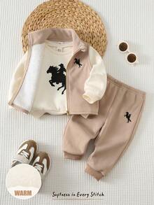Cozy Pixies Bộ 3 áo nỉ len mềm mại có mũ trùm đầu màu trơn cho bé trai, quần cạp chun và áo vest không tay có đệm, họa tiết ngựa, thích hợp mặc trong nhà, ngoài trời thường ngày, trượt tuyết vào mùa thu/đông - Nhiều màu - Xem 4