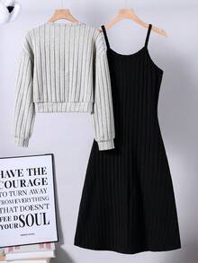 Sparklyn 少女休闲百搭优雅蝴蝶结外套+针织罗纹连衣裙两件套，秋冬款 - 杏色 - 查看 3