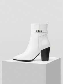 MOTF BOTAS DE TOBILLO DE TACÓN GRUESO DE PUNTA FINA PARA MUJER - Blanco - Ver 2