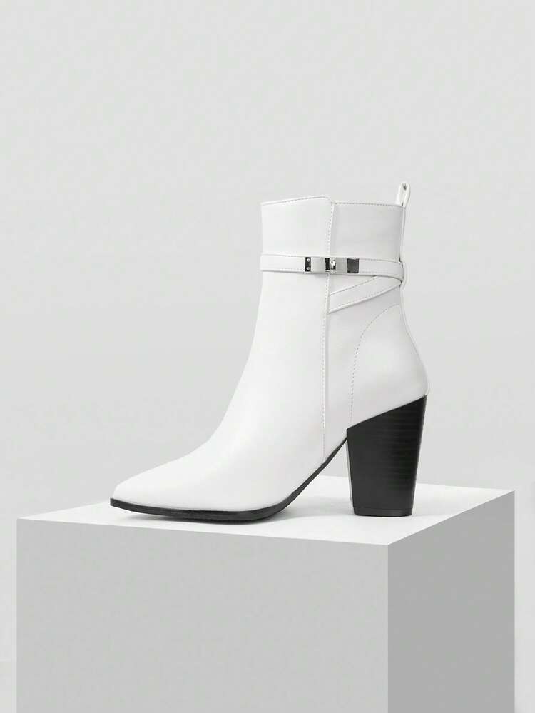 WOMEN'S FASHION POINTED TOE CHUNKY HEEL ANKLE BOOTS