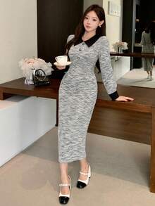 DAZY Váy dài vừa phải cổ bẻ phối màu thanh lịch dành cho nữ, mùa thu - Xám - Xem 8