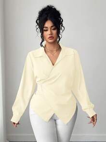 Elenzga Áo cánh tay dài thanh lịch viền bất đối xứng màu trơn cỡ lớn dành cho nữ - Màu be - Xem 4