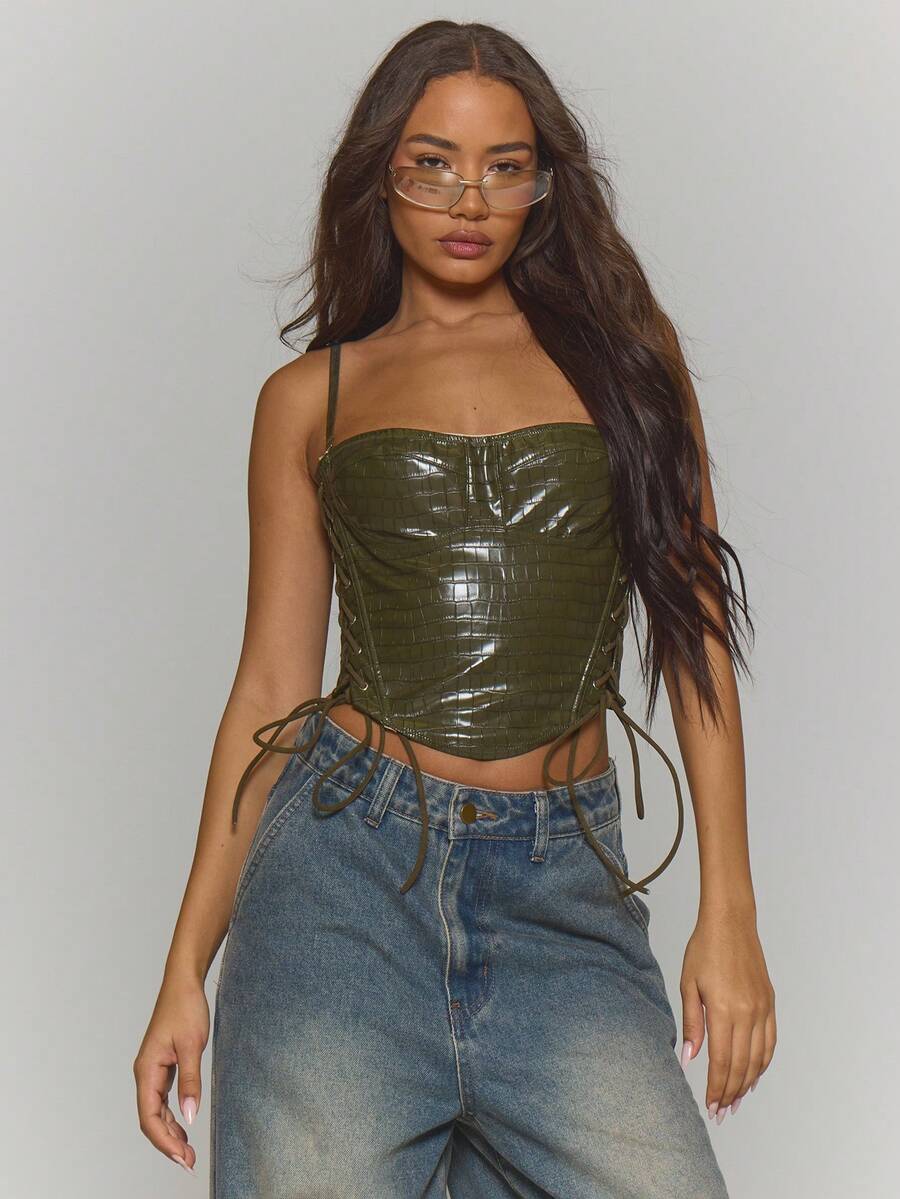 MUSERA Áo corset giả da buộc dây, vạt trễ, phong cách mùa thu, đường phố, mát mẻ, đi chơi đêm, thường ngày, gợi cảm, thanh lịch, ngày lễ, tiệc tùng, mùa xuân, hè, lễ hội. - màu xanh lá - Xem 1