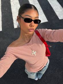 SHEIN EZwear Women's Striped Off Shoulder Slim Fit T-Shirt Valentine's Day - Orange - View 6